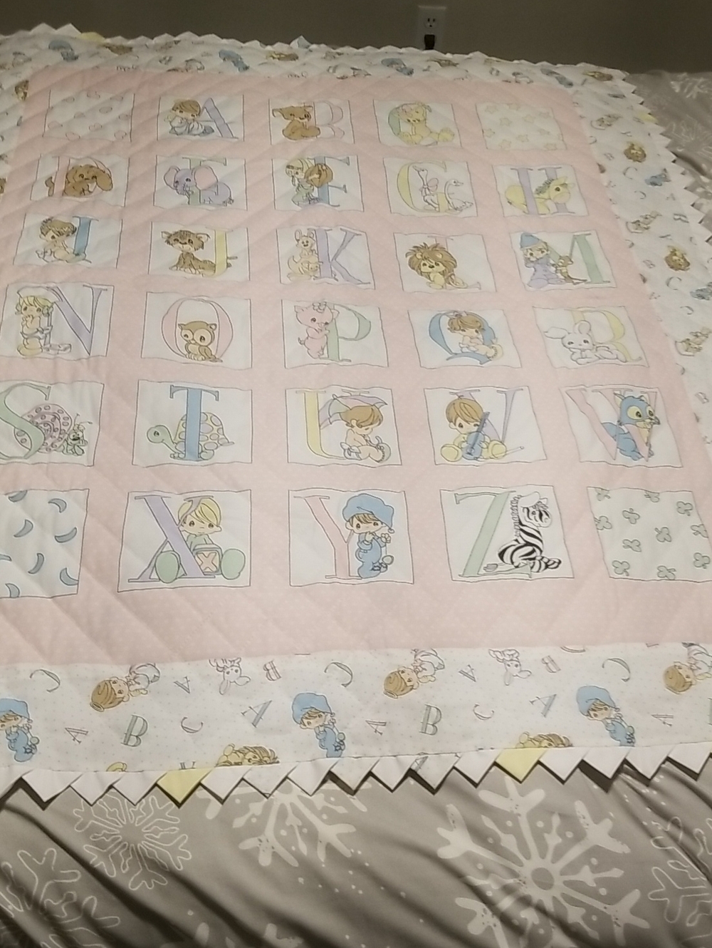 Precious Moments Pastel Pink Alphabet Baby Quilt Homemade